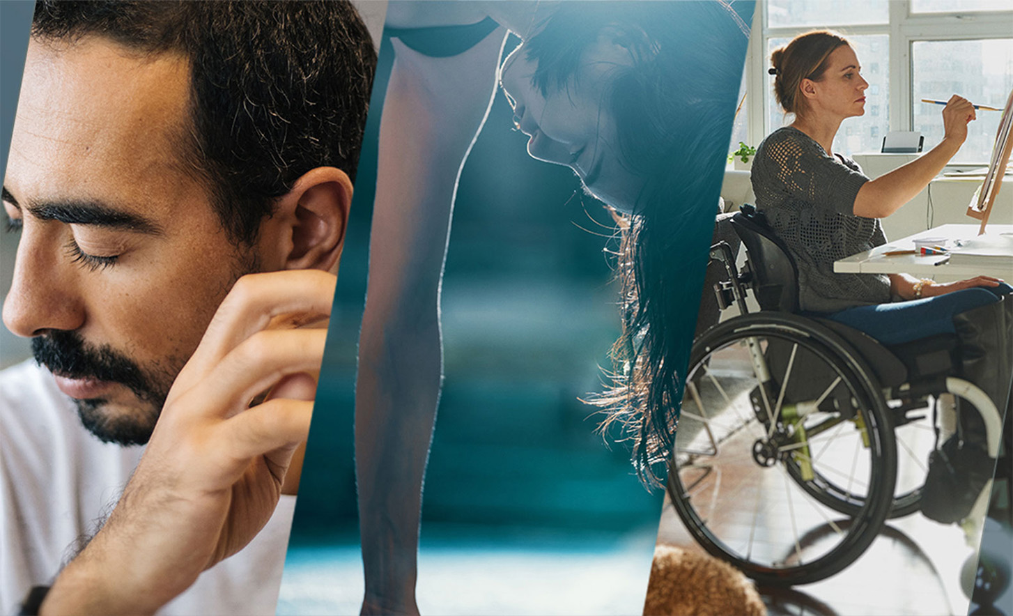 Tri spojene slike, prikazuju osobu zatvorenih očiju, osobu koja izvodi stoj na rukama i osobu u kolicima koja slika na platnu.