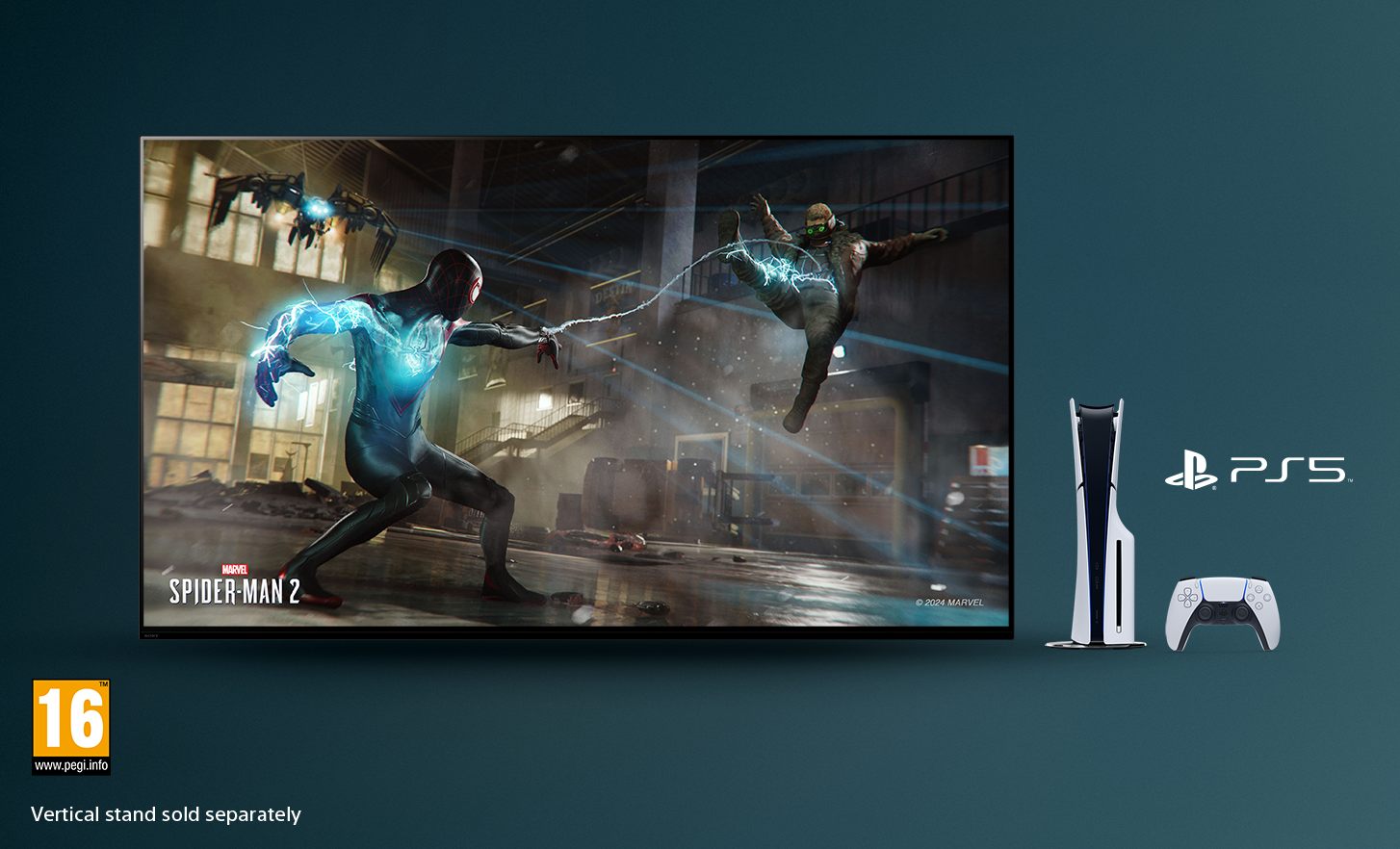 Televizor sa snimkom zaslona igre Marvel SPIDER-MAN 2, konzolom PlayStation® 5 i upravljačem s desne strane te logotipom PEGI 16 dolje lijevo
