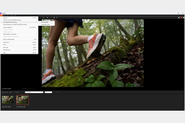 Snimka zaslona radne površine koja prikazuje aplikaciju Imaging Desktop za vrijeme proširene obrade RAW snimke